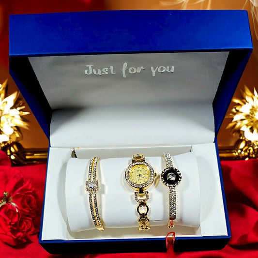 Elegant Women's Luxury Watch & Bracelet Gift Set – Gold Finish with Crystal Accents